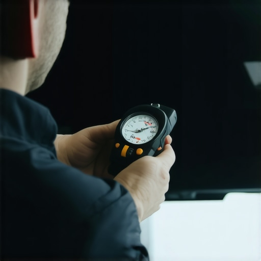 Technician performing a hydraulic pressure test on a car steering rack.