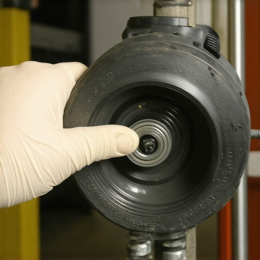 Close-up of a hydraulic engine mount being inspected for wear in a repair shop