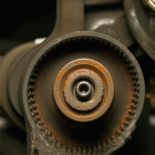 Close-up of a leaking power steering pump and damaged serpentine belt in a car engine bay.
