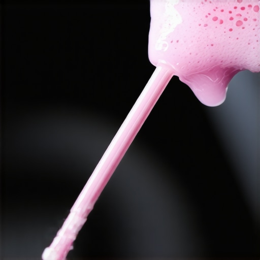 A transmission dipstick covered in pink foamy fluid from coolant contamination.