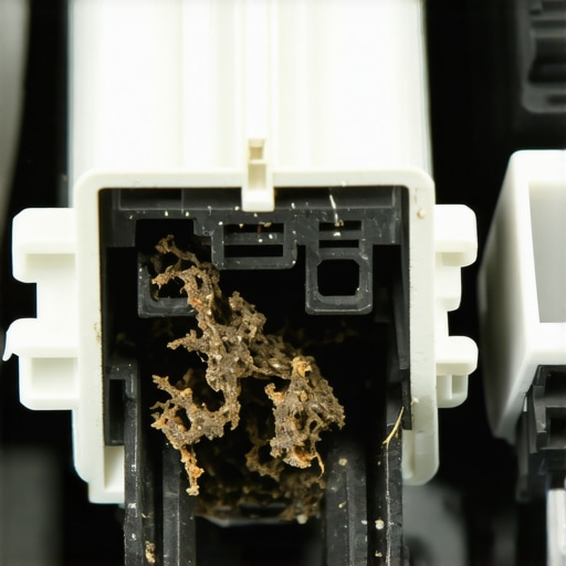 Close-up of debris-filled automotive drain and water-damaged BCM pins