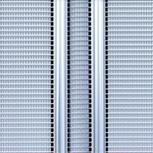 Close-up of a damaged and dirty car AC condenser with bent fins.