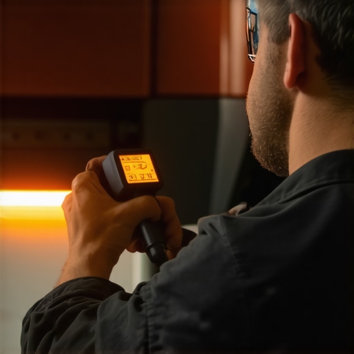 Mechanic using a laser thermometer to test catalytic converter efficiency