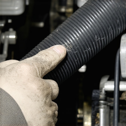 A close-up of a cracked vacuum line in an engine bay being inspected by a mechanic.