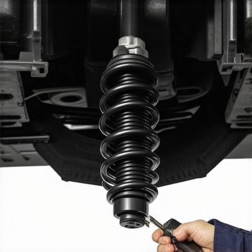 A mechanic inspecting a car's upper strut mount to diagnose memory steer and steering pull.