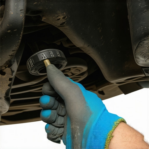 Mechanic inspecting a degraded steering rack bushing to diagnose handling issues.