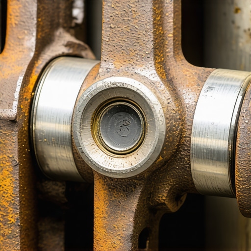 A macro view of a car steering column universal joint showing signs of thermal wear and grease depletion.