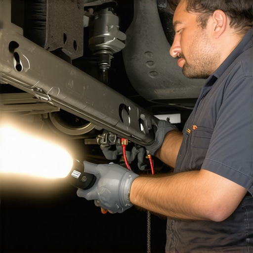 A mechanic uses a flashlight to check a car's metal shift linkage and bushings for signs of binding or damage.