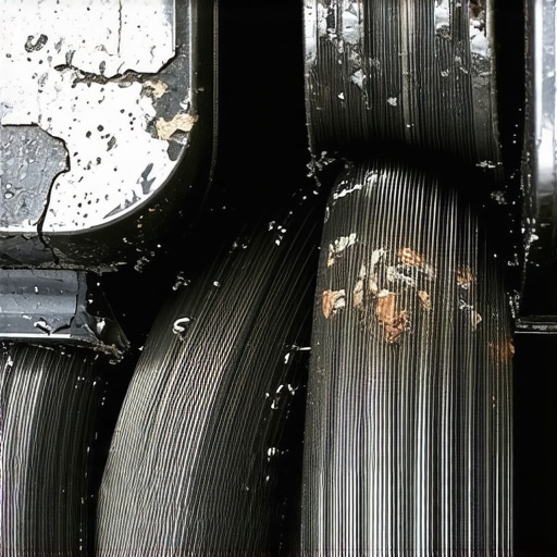 Close-up view of a damaged and frayed automotive shifter cable showing the internal steel core.