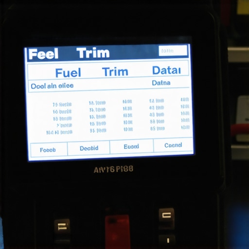 Diagnostic scanner showing short-term and long-term fuel trim percentages.