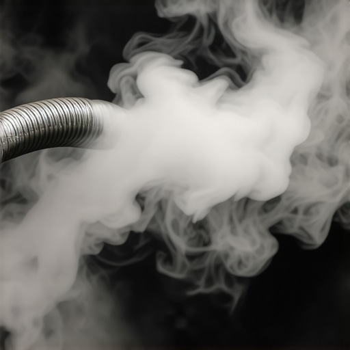 A diagnostic smoke machine tool being used to find a vacuum leak in a car engine intake manifold