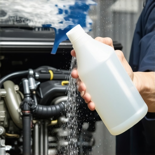 Close-up of a mechanic spraying soapy water on engine hoses to detect a vacuum leak.