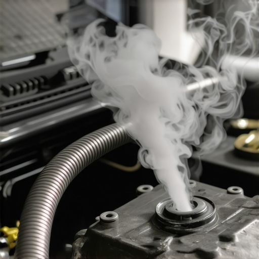 White smoke escaping from a cracked vacuum hose during a DIY engine leak diagnostic test
