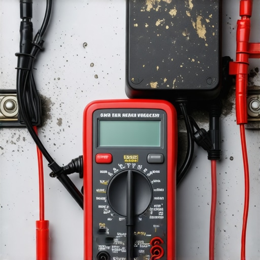 A mechanic uses a multimeter to detect parasitic current on a damp battery casing.
