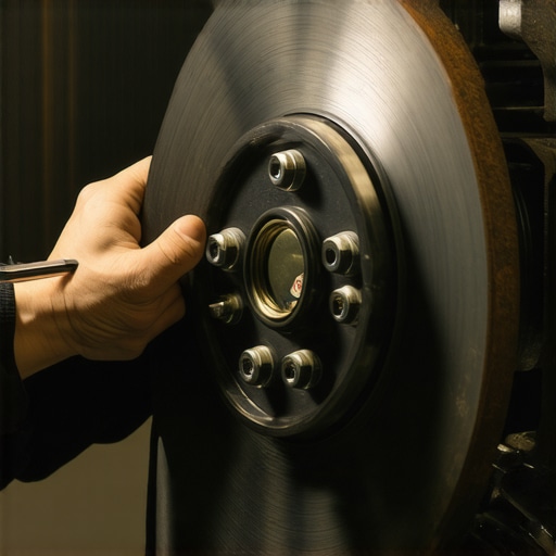 Technician using a dial indicator to check for rotor wobbling during a professional brake service.