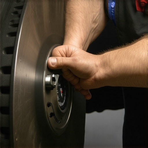 Technician using a dial indicator to check brake rotor alignment and thickness variation.