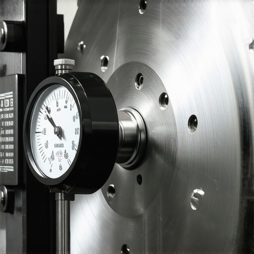 A dial indicator tool measuring the runout of a vehicle's brake rotor to diagnose vibration.