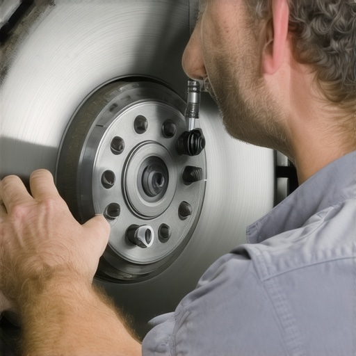 A technician checking for lateral runout on a vehicle's brake disc using precision diagnostic tools.