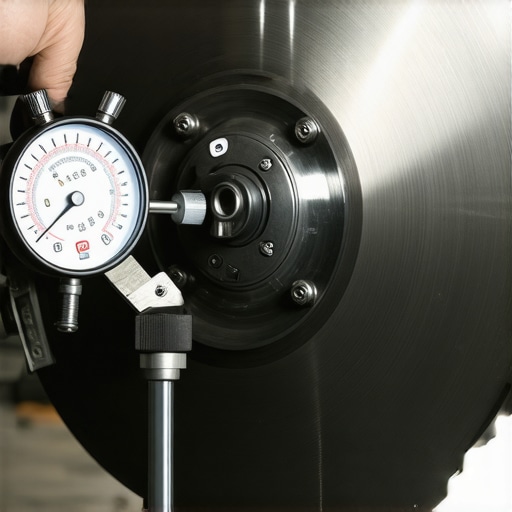A professional technician measuring the lateral runout of a brake rotor using a precision dial indicator tool.