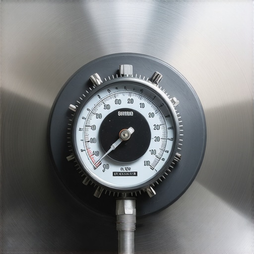 A precision dial indicator tool being used to measure the lateral runout of a metallic brake rotor.
