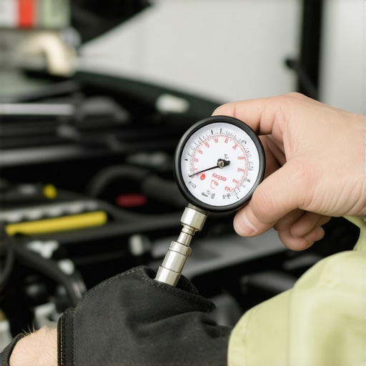 Professional mechanic measuring engine crankcase pressure to diagnose seal failure