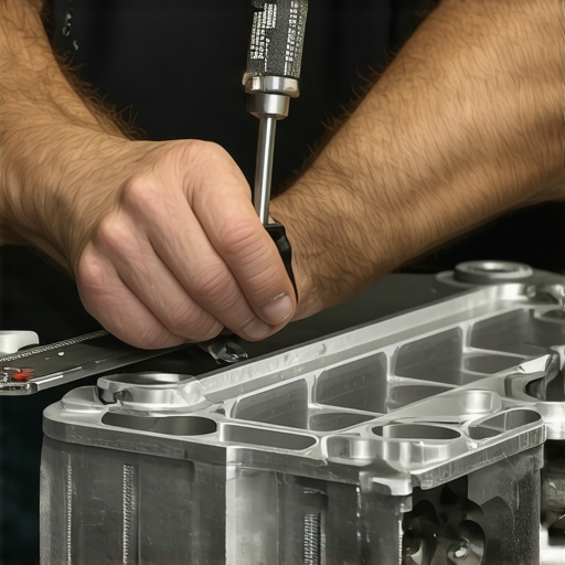 A technician using a straightedge and feeler gauge to measure engine surface warping.