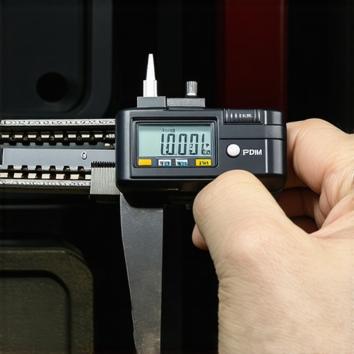 Mechanic measuring the rib depth of a modern EPDM serpentine belt with a digital caliper to check for material loss.
