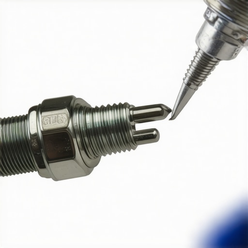 Macro shot of a carbon-covered spark plug being measured with a feeler gauge.