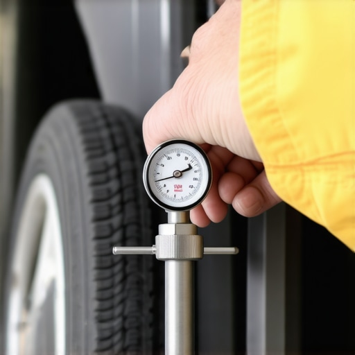 A technician uses a dial indicator to check for play in a steering tie rod end.