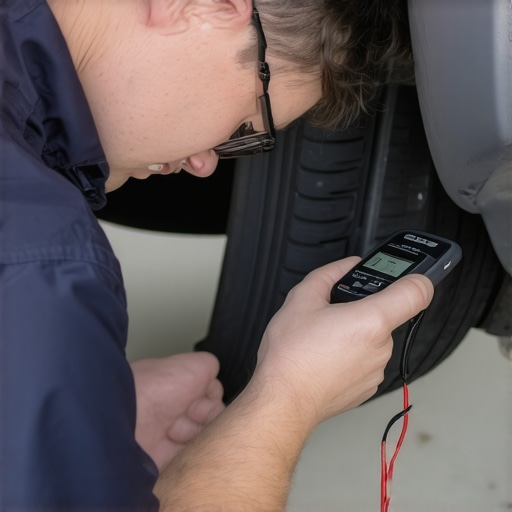 Technician using an NVH sensor to diagnose high-speed steering wheel shake.