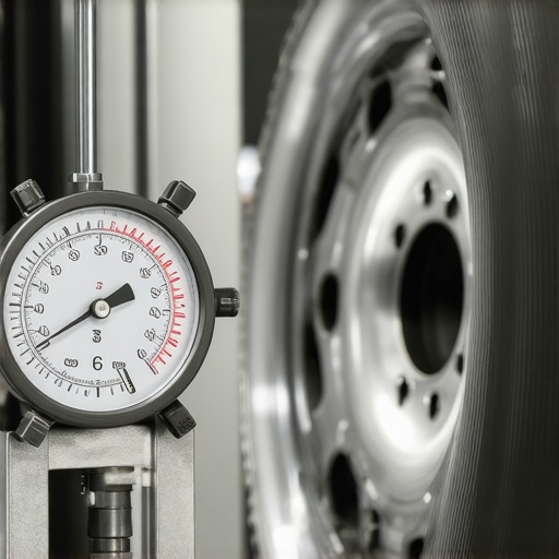A mechanic using a dial indicator tool to check for lateral runout on a bent aluminum rim.