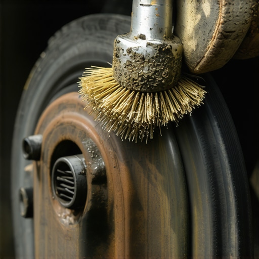 Close-up of a mechanic removing rust from a car wheel hub to ensure proper rotor alignment.