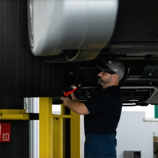 A mechanic using a rubber mallet to diagnose internal exhaust rattles on a lifted vehicle.