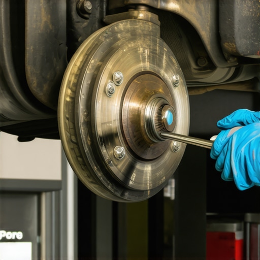Mechanic cleaning rust off a wheel hub before installing new brake rotors
