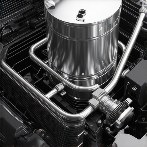 Close-up of an aftermarket oil catch can system in a car engine for reducing carbon buildup.