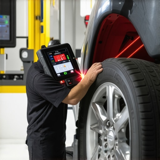 Technician performing a 4-wheel alignment to fix thrust angle and tire wear.