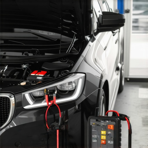 A technician checking a smart battery sensor on a negative terminal using a digital multimeter.
