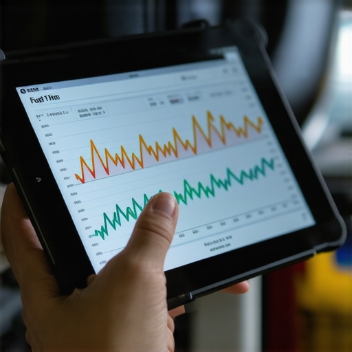 A professional mechanic using a diagnostic tablet to monitor engine fuel trim data in a repair shop.