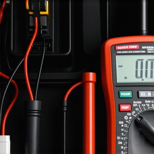 Technician using a multimeter to check for voltage drop at the cooling fan connector to diagnose electrical resistance.