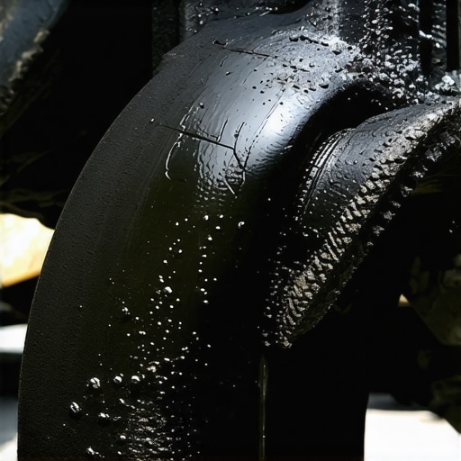 Close-up of a rubber exhaust hanger degraded by engine oil leaks.