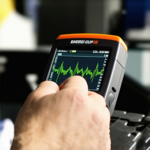 Mechanic using an oscilloscope to find electrical interference in a vehicle wiring harness