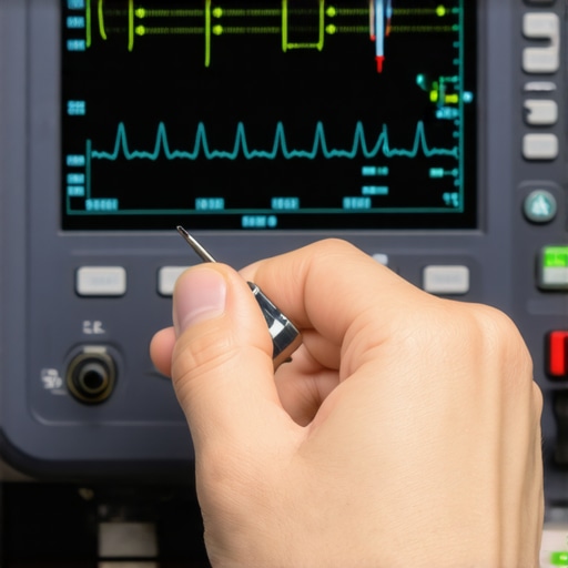 Technician using an oscilloscope to diagnose signal noise in a car's electrical system.