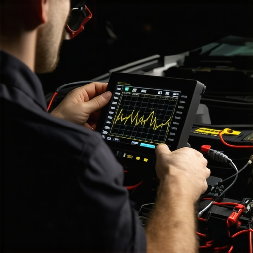 Oscilloscope testing for automotive parasitic draw Technician diagnostic setup with low-amp probe and oscilloscope measuring transient current spikes on a car battery