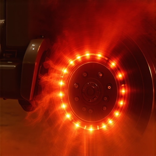 A glowing hot brake rotor during a failure test demonstrating friction heat.