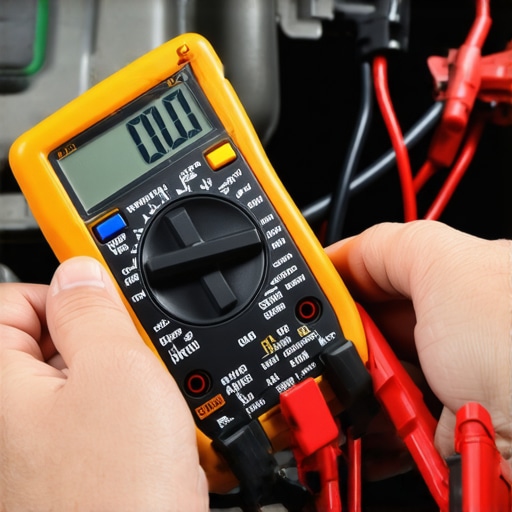 A mechanic using a multimeter to test for electrical resistance at the battery terminals.