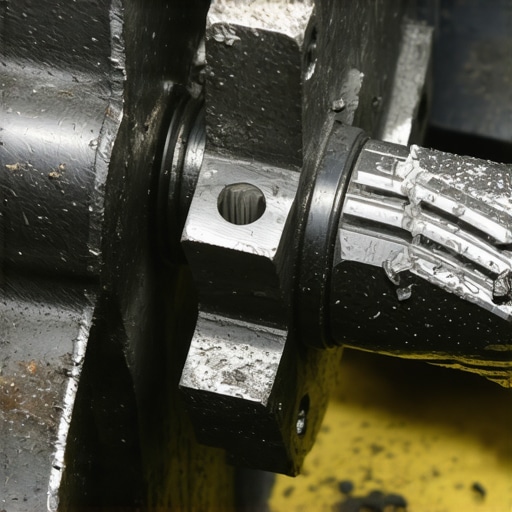 Mechanic using a centering jig and cobalt bit to remove a broken slide pin from a brake caliper bracket.