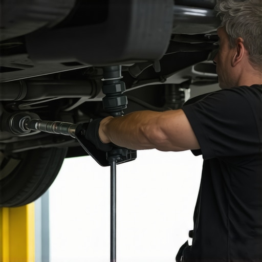 Mechanic performing fluid service on a dipstick-less transmission using an overflow plug.