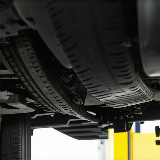 Close-up of a car wheel with laser alignment sensors attached in an auto repair shop.