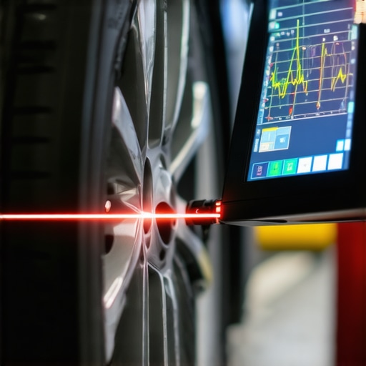 Precision Laser Wheel Alignment A laser alignment tool mounted on a vehicle tire during a professional diagnostic check.