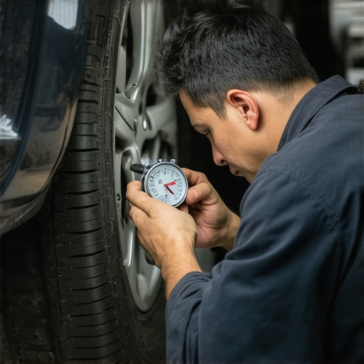 Technician measuring wheel hub runout with a dial indicator for suspension diagnostics